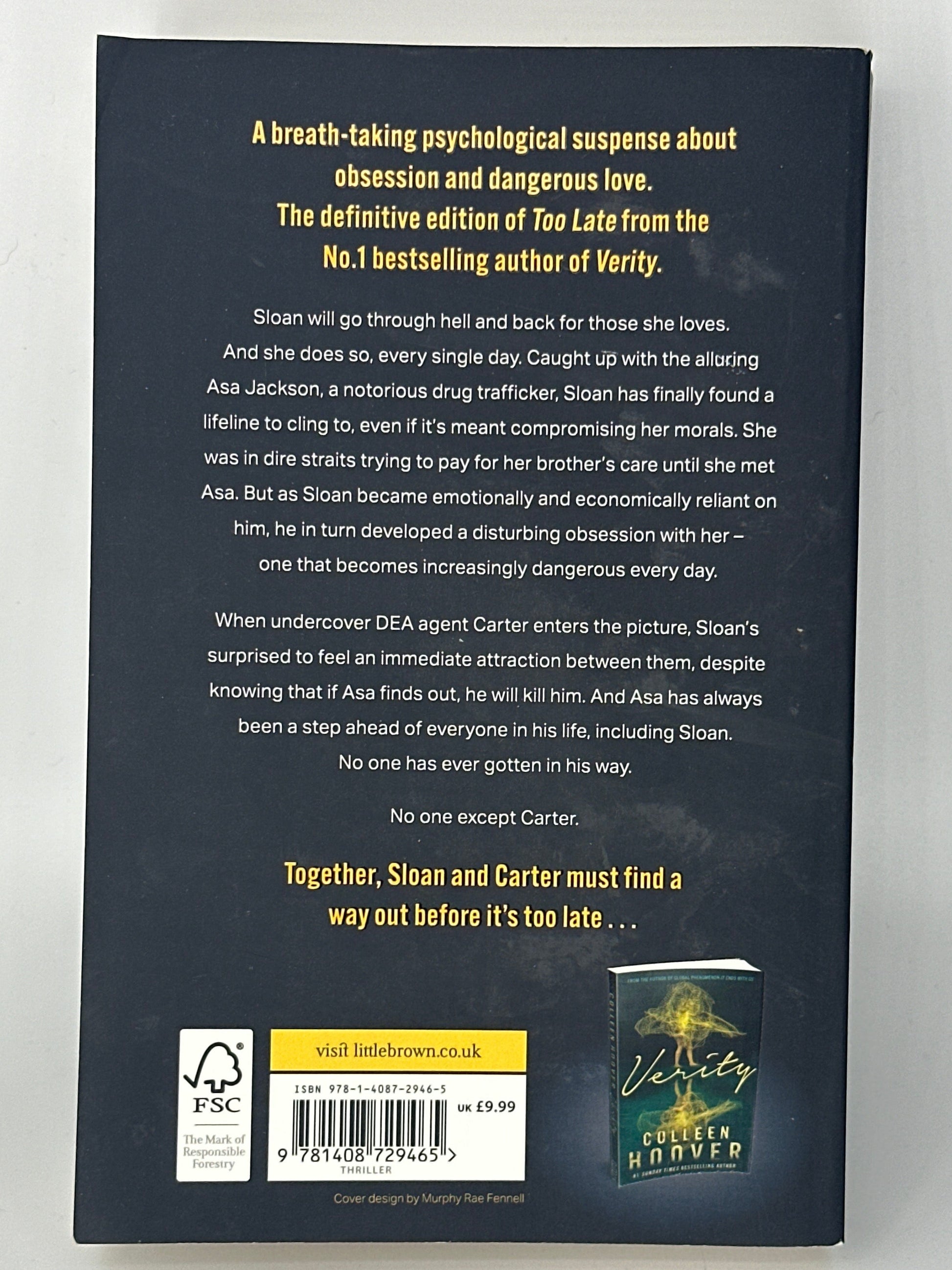 Colleen Hoover Too Late actual back cover used books