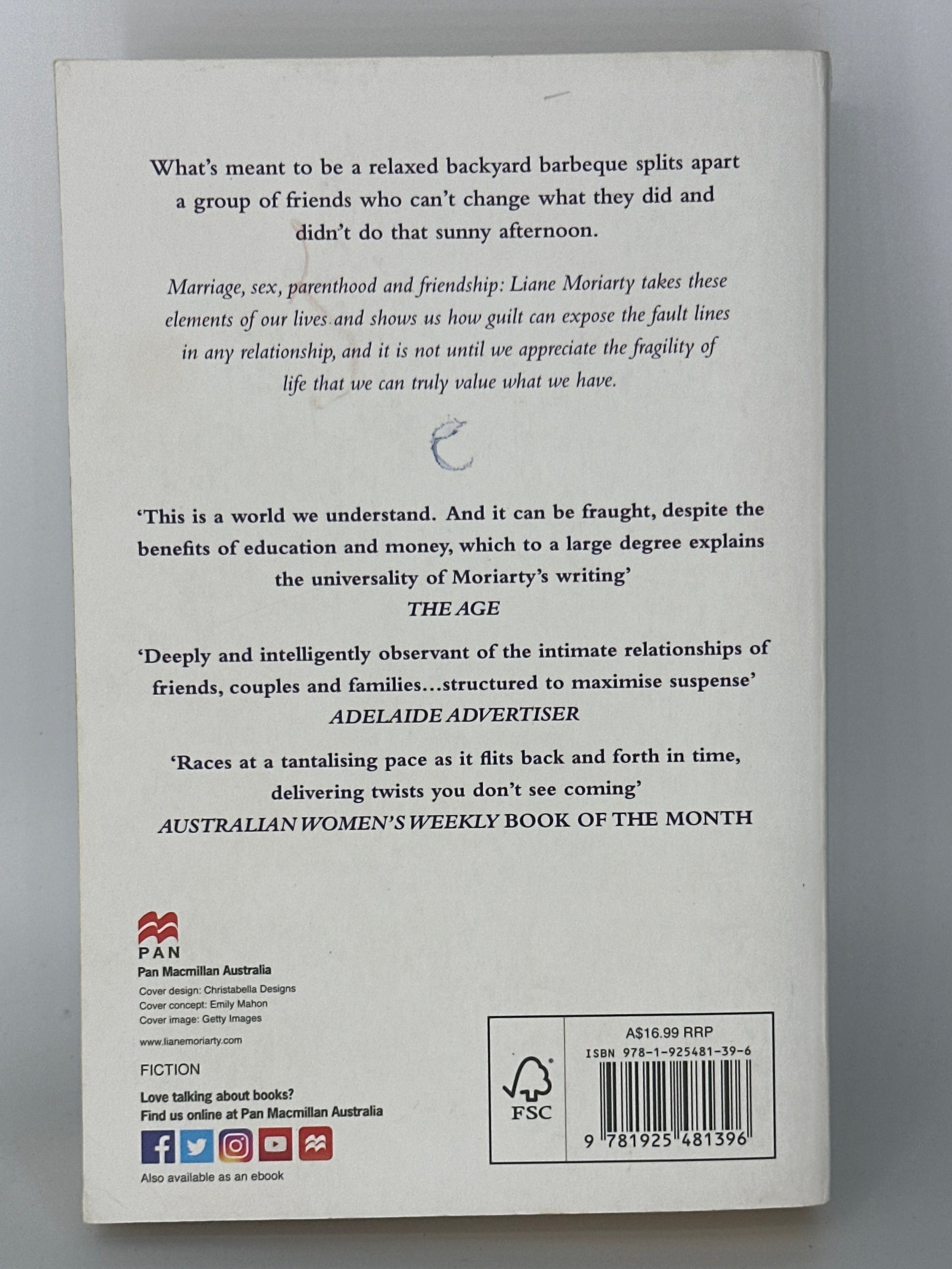 Liane Moriarty Truly Madly Guilty actual back cover used books