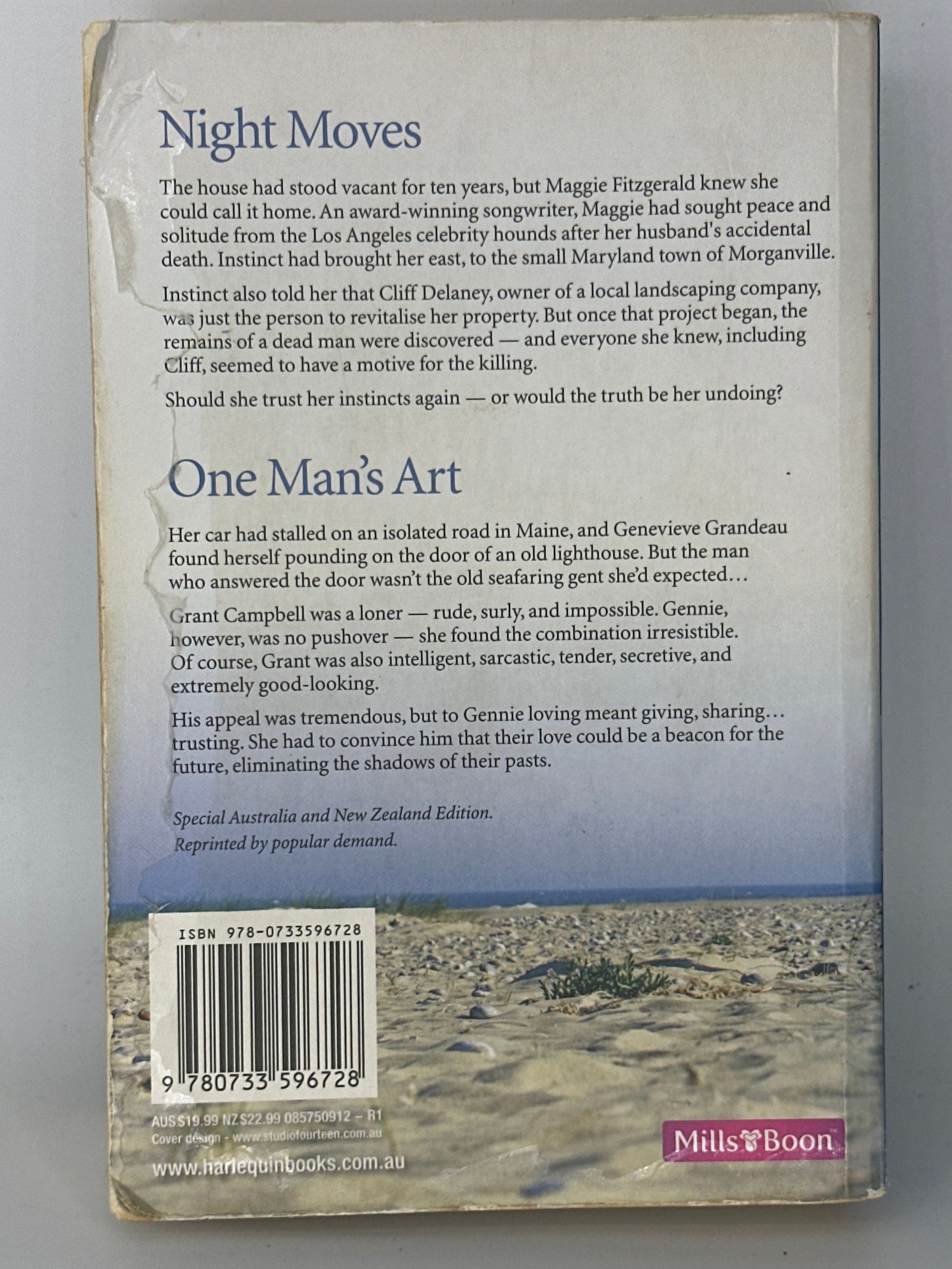 Nora Roberts Finding Home: Night Moves / One Man's Art actual back cover used books 