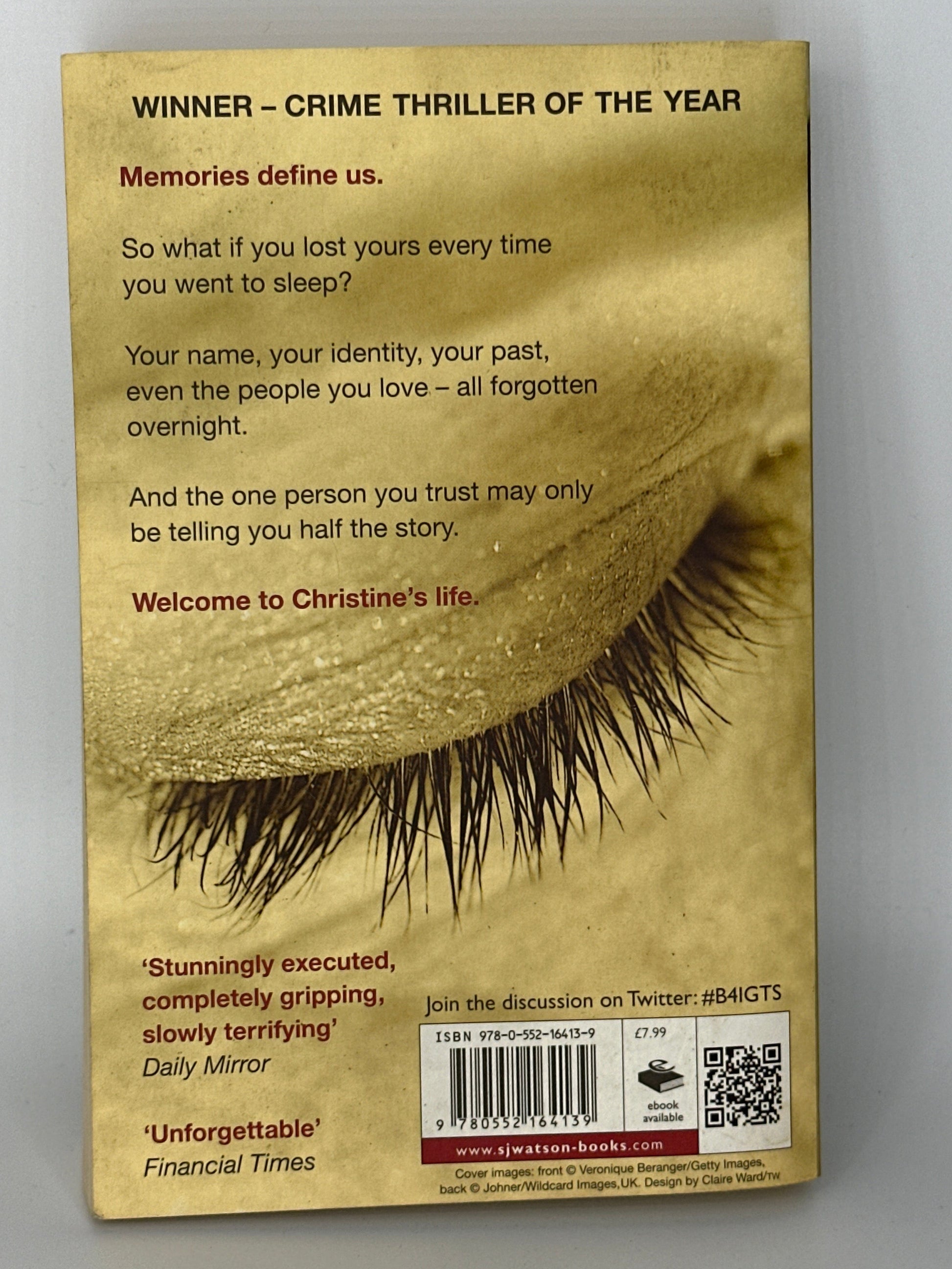 SJ Watson Before I Go to Sleep actual back cover used books